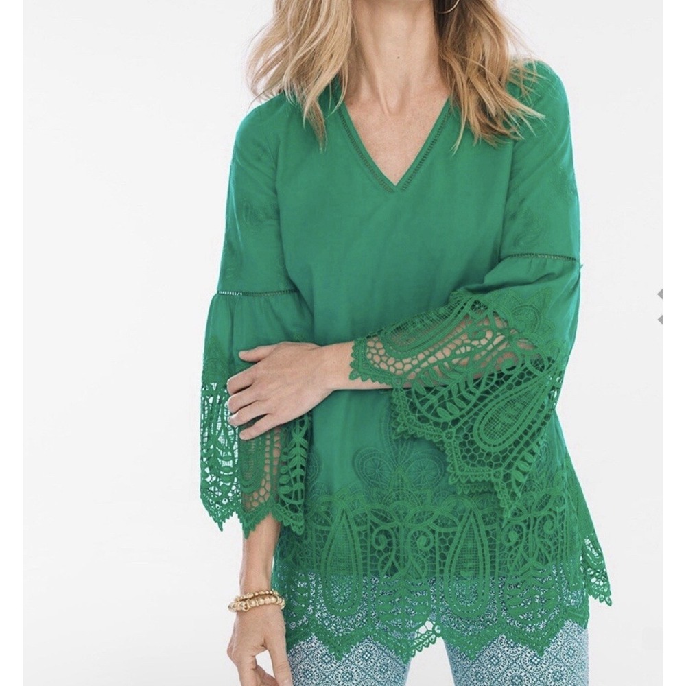 Chico's Boho Lace Trim V-Neck Top 0  S‎ Kelly Green Flowy Lagenlook Long Sleeve
